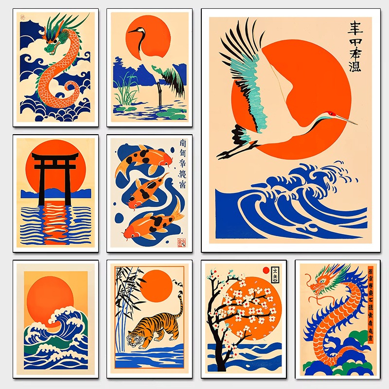 Japanese Living Lifestyle - Ilustrasi Jepang Retro Kanvas Cetak Naga